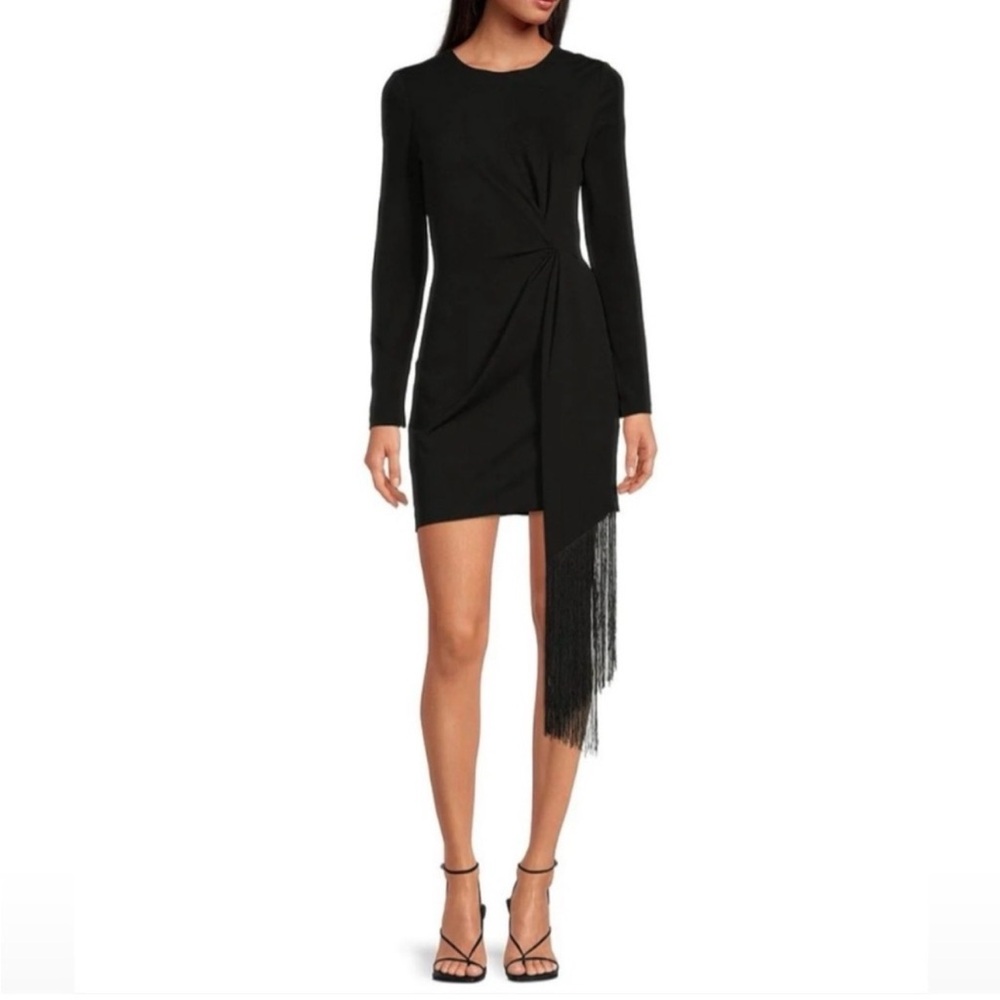 Badgley Mischka Black Long-Sleeve Fringe Dress